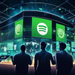 Create a high-definition digital illustration depicting a scene of a stock market floor, with a large digital screen showing the logos of Spotify and Universal Music. The screen should show a graph il