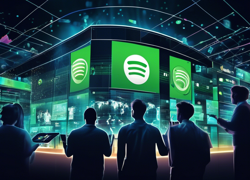 Create a high-definition digital illustration depicting a scene of a stock market floor, with a large digital screen showing the logos of Spotify and Universal Music. The screen should show a graph il