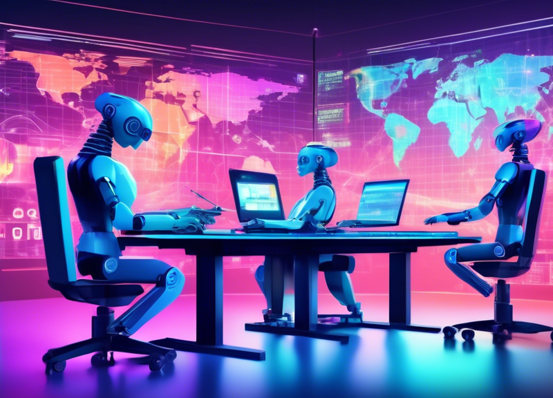 Create an image depicting the media industry being transformed by advanced AI technology. Show a futuristic newsroom with holographic charts, AI robots collaborating with human editors, and a televise