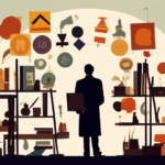 Create an image of a university campus with a silhouette of a professor holding art supplies standing at the forefront. In the background, emphasize a balance scale symbolizing justice, books, and art