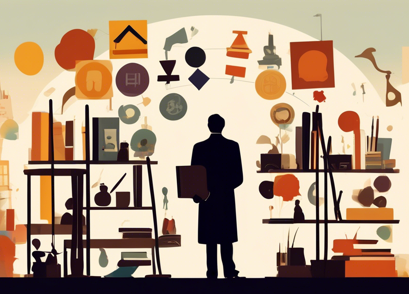 Create an image of a university campus with a silhouette of a professor holding art supplies standing at the forefront. In the background, emphasize a balance scale symbolizing justice, books, and art