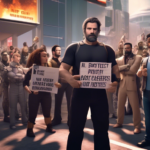 An intense scene showing Hollywood actors and video game characters standing together in a passionate protest. They hold signs with phrases like 'AI Concerns' and 'Protect Our Careers.' The backdrop i