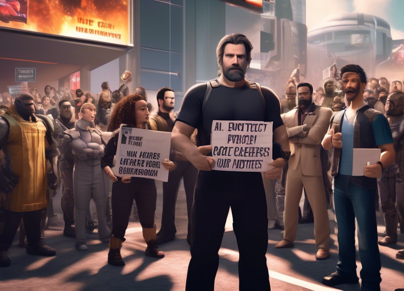 An intense scene showing Hollywood actors and video game characters standing together in a passionate protest. They hold signs with phrases like 'AI Concerns' and 'Protect Our Careers.' The backdrop i