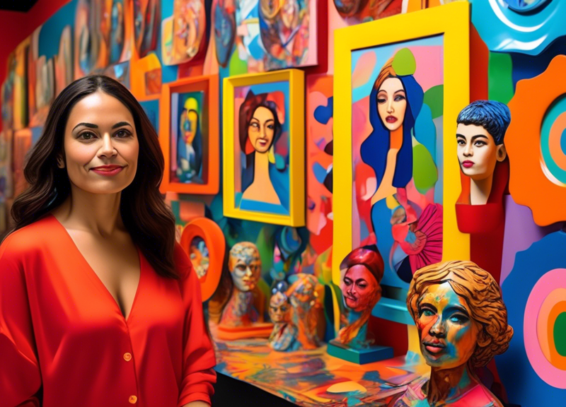 Create an image of Marisol in an art gallery setting, surrounded by her most iconic Pop Art sculptures and artwork. The gallery is vibrant and modern, filled with colorful and bold pieces that echo th