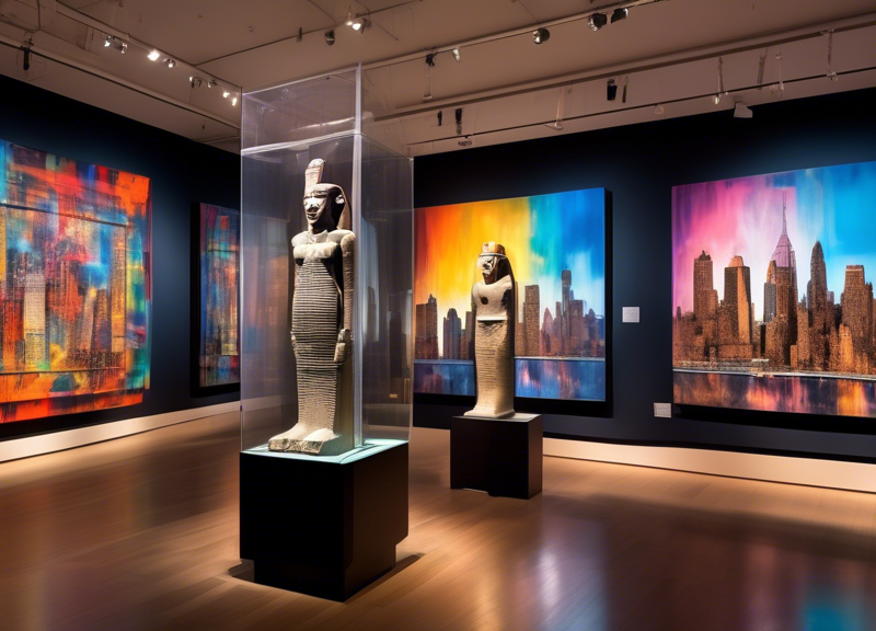 Create an image capturing the vibrant energy of New York City with its iconic skyline in the background. Highlight three distinct museum exhibits: one featuring ancient Egyptian artifacts with a majes