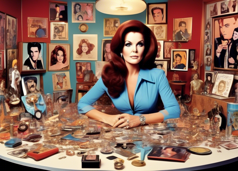 Create an image of Priscilla Presley surrounded by various Elvis memorabilia in a classic setting that resembles Graceland, but some of the items appear suspicious or out of place, hinting at counterf