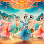 Create an image of a grand stage performance of Shen Yun 2023, featuring dancers in vibrant, traditional Chinese costumes, performing elegant and expressive choreography with dynamic, colorful backdrops that highlight various aspects of traditional Chinese culture, such as ancient landscapes, mythical tales, and historical figures.