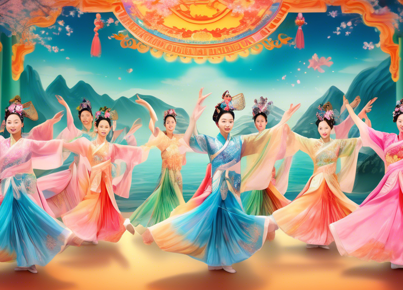 Create an image of a grand stage performance of Shen Yun 2023, featuring dancers in vibrant, traditional Chinese costumes, performing elegant and expressive choreography with dynamic, colorful backdrops that highlight various aspects of traditional Chinese culture, such as ancient landscapes, mythical tales, and historical figures.