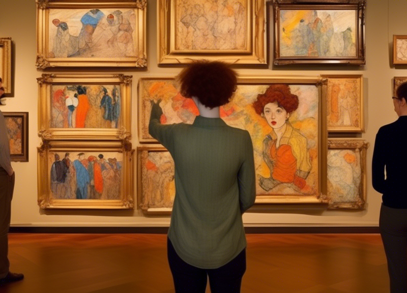 Create a detailed painting in a classic art gallery setting, featuring a curator handing over an Egon Schiele artwork to the Grünbaum family heirs. The artwork should have a distinct Schiele style, wi