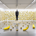 A vibrant and whimsical gallery space showcasing the eclectic works of Maurizio Cattelan, featuring his iconic pranks and provocative sculptures. Highlight his notorious 'Comedian' banana duct-taped t