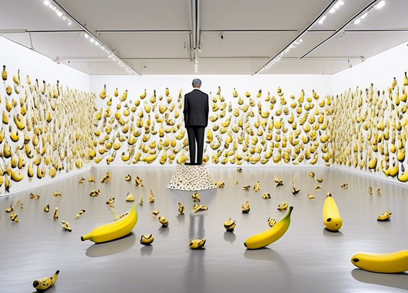 A vibrant and whimsical gallery space showcasing the eclectic works of Maurizio Cattelan, featuring his iconic pranks and provocative sculptures. Highlight his notorious 'Comedian' banana duct-taped t