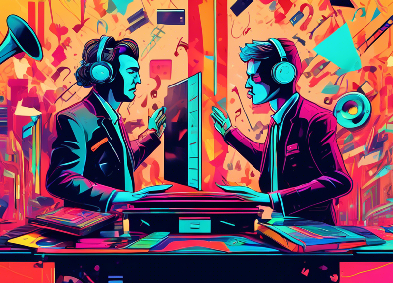 Create an image that depicts a high-stakes legal battle between two tech giants, with imagery representing Spotify on one side and the Mechanical Licensing Collective (MLC) on the other. Incorporate e