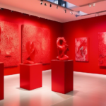 Create an image of an art exhibition featuring various artworks, installations, and sculptures all dominated by the color red. The scene should showcase a bustling gallery space filled with people adm