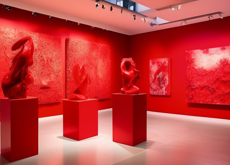 Create an image of an art exhibition featuring various artworks, installations, and sculptures all dominated by the color red. The scene should showcase a bustling gallery space filled with people adm