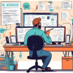 A detailed illustration of a busy content creation workspace, featuring a writer at a computer researching on a dual monitor setup, surrounded by notes and books on SEO, marketing, and audience targeting. In the background, a whiteboard shows a flowchart with keywords like background content, audience engagement, and SEO strategy. The scene should be vibrant and dynamic, emphasizing the importance and integration of researching, planning, and creating insightful background content.