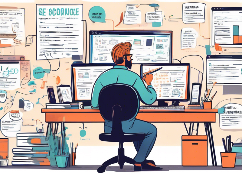 A detailed illustration of a busy content creation workspace, featuring a writer at a computer researching on a dual monitor setup, surrounded by notes and books on SEO, marketing, and audience targeting. In the background, a whiteboard shows a flowchart with keywords like background content, audience engagement, and SEO strategy. The scene should be vibrant and dynamic, emphasizing the importance and integration of researching, planning, and creating insightful background content.