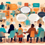 Create an image of a diverse group of people gathered around a large table, deeply engaged in discussion while examining various types of content, such as books, digital screens, newspapers, and illustrations. The ambiance should feel cooperative and inquisitive, with elements representing knowledge and communication like speech bubbles, icons of social media, and abstract representations of ideas floating above them. The background should be filled with shelves of books, artwork, and digital interfaces to emphasize the depth and breadth of content being explored.