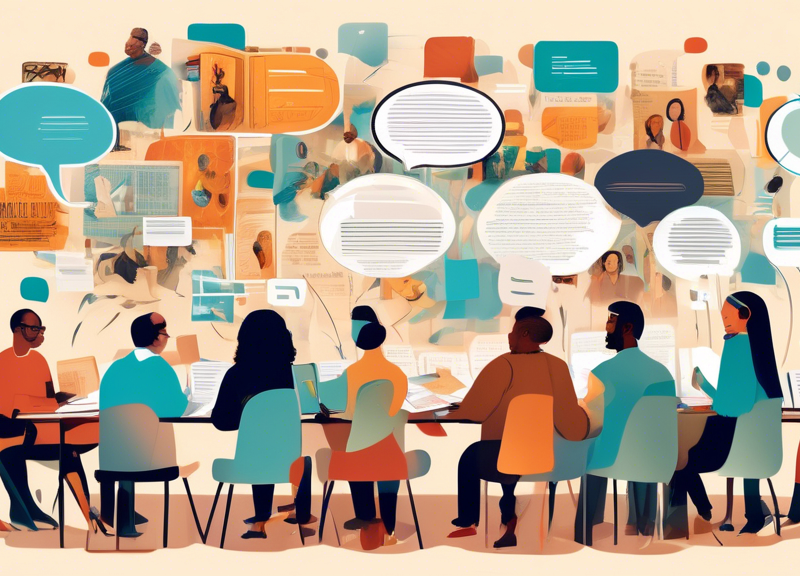 Create an image of a diverse group of people gathered around a large table, deeply engaged in discussion while examining various types of content, such as books, digital screens, newspapers, and illustrations. The ambiance should feel cooperative and inquisitive, with elements representing knowledge and communication like speech bubbles, icons of social media, and abstract representations of ideas floating above them. The background should be filled with shelves of books, artwork, and digital interfaces to emphasize the depth and breadth of content being explored.