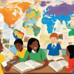 Create an image illustrating a diverse classroom of students eagerly engaging with the Oxford Picture Dictionary, which is open on their desks. The background shows a colorful world map and educational posters. Some students are pointing at pictures in the dictionary, while others are smiling and discussing words in different languages, showcasing the interactive and multicultural environment fostered by the book.