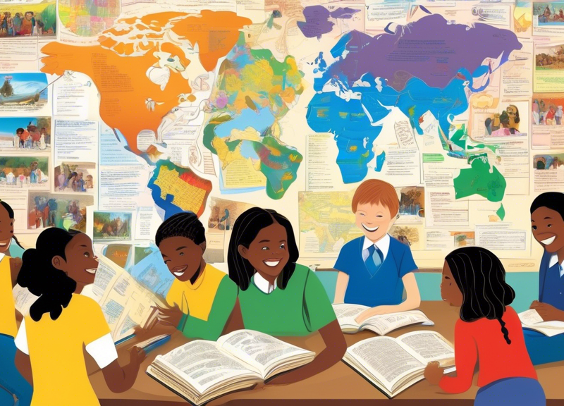 Create an image illustrating a diverse classroom of students eagerly engaging with the Oxford Picture Dictionary, which is open on their desks. The background shows a colorful world map and educational posters. Some students are pointing at pictures in the dictionary, while others are smiling and discussing words in different languages, showcasing the interactive and multicultural environment fostered by the book.