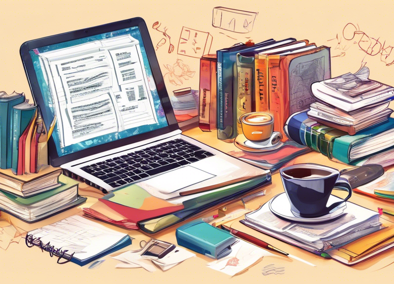 Create an image of a cluttered desk with a computer showing a downloadable PDF icon of the Oxford Picture Dictionary on the screen, surrounded by books, a coffee cup, and a notebook with scribbled notes, indicating a search for educational resources online.