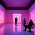 Create a detailed and intricate illustration of Wolfgang Häusler and James Turrell in a modern art gallery setting, emphasizing their collaborative spirit. Both figures are engaged in deep conversatio