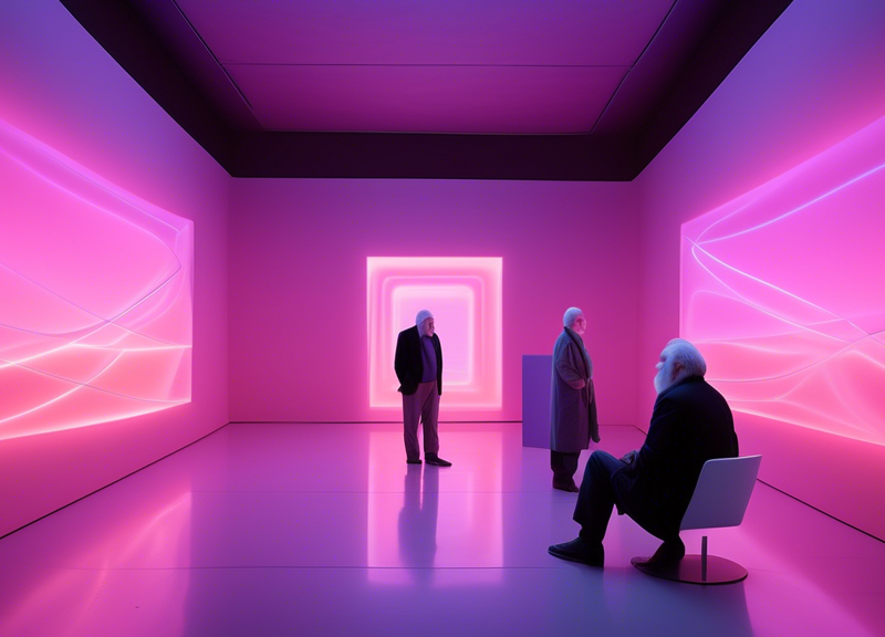 Create a detailed and intricate illustration of Wolfgang Häusler and James Turrell in a modern art gallery setting, emphasizing their collaborative spirit. Both figures are engaged in deep conversatio