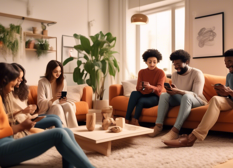 Create an image showing a diverse group of people gathered around a smartphone, watching an engaging and vibrant video. The smartphone screen should displa