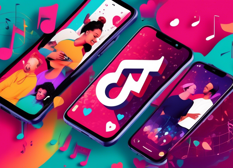 An illustrated collage featuring a TikTok interface with music notes and a smartphone showing popular TikTok videos. Incorporate vibrant colors and dynamic