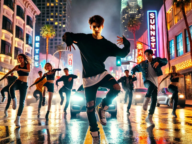 A-K-Pop-male-dancer-performing-energetically-on-the-wet-streets-of-Sunset-Blvd-in-LA-at-night.