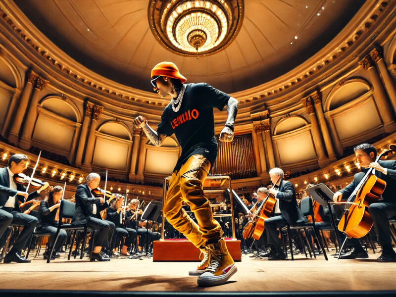 A-Latino-rapper-dancing-energetically-on-stage-at-Carnegie-Hall-with-the-New-York-Philharmonic-Orchestra-behind-him