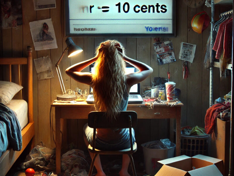 A-clear-detailed-image-of-a-single-mother-with-long-blonde-hair-in-her-cluttered-bedroom-sitting-at-a-small-desk-with-a-laptop-open-in-front-of-her