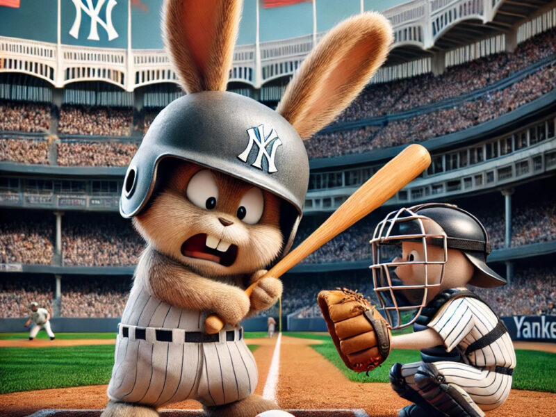 A-humorous-and-detailed-scene-of-a-bunny-rabbit-standing-upright-at-home-plate-in-Yankee-Stadium-holding-a-baseball-bat-in-its-hands