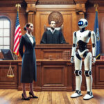 A male judge presiding over a New York courtroom, standing on the floor beneath him to his right is a female lawyer, next to her is a defense robot