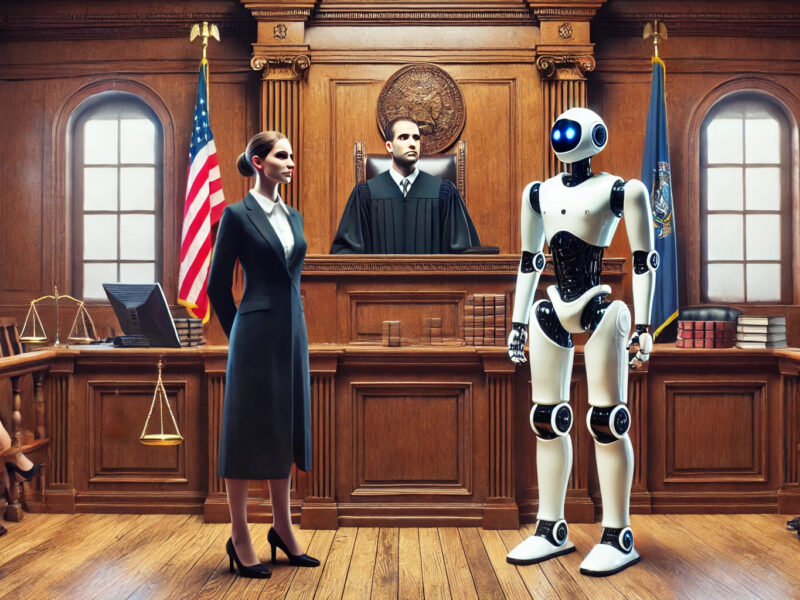 A male judge presiding over a New York courtroom, standing on the floor beneath him to his right is a female lawyer, next to her is a defense robot