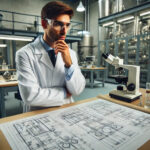 A-scientific-engineer-standing-at-a-table-covered-with-schematic-drawings.