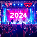 Create an image of a dynamic nighttime scene at the 2024 iHeartRadio Music Festival in Las Vegas. Highlight A$AP Rocky, The Weeknd, and Chris Martin of Coldplay performing on stage under dazzling ligh