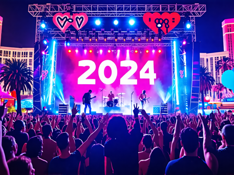 Create an image of a dynamic nighttime scene at the 2024 iHeartRadio Music Festival in Las Vegas. Highlight A$AP Rocky, The Weeknd, and Chris Martin of Coldplay performing on stage under dazzling ligh