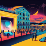 Create an image showcasing a grand film festival setting in Locarno. Highlight futuristic and AI-themed movie posters, a bustling crowd, and a prominent outdoor screen playing a sci-fi movie scene. Bl