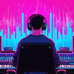 Create a detailed illustration of Alex Solano from AlexProMix in a state-of-the-art music studio, surrounded by high-tech audio equipment. He is passionately working on a music arrangement with Dolby