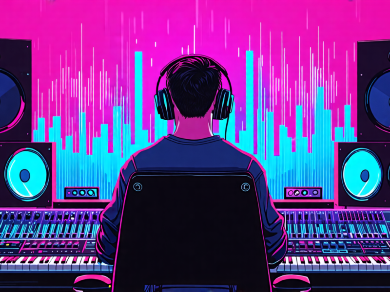 Create a detailed illustration of Alex Solano from AlexProMix in a state-of-the-art music studio, surrounded by high-tech audio equipment. He is passionately working on a music arrangement with Dolby