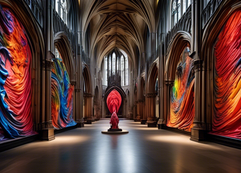 Create an imaginative scene inside the U.K.'s largest cathedral where towering, intricate sculptures by Anish Kapoor blend the sublime gothic architecture with modern art. The sculptures should be mas