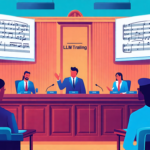 Create a detailed illustration depicting the scene of a court debate where representatives from Anthropic and a music publishing company are arguing over 'fair use' for LLM training. The courtroom sho