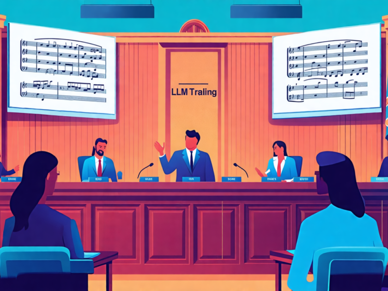 Create a detailed illustration depicting the scene of a court debate where representatives from Anthropic and a music publishing company are arguing over 'fair use' for LLM training. The courtroom sho