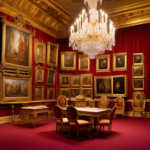 An elegant display room within Buckingham Palace, showcasing meticulously detailed Renaissance sketches in ornate frames. Visitors admire the rare artworks, which are illuminated by soft, golden light