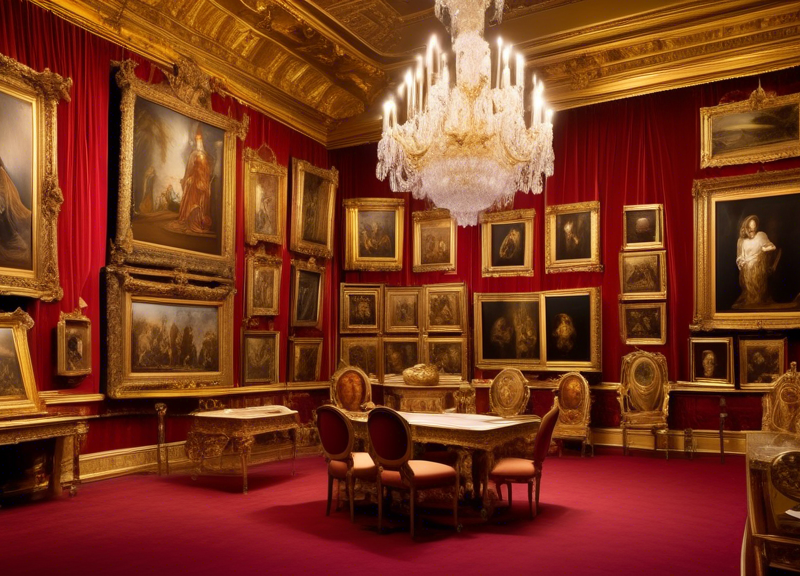 An elegant display room within Buckingham Palace, showcasing meticulously detailed Renaissance sketches in ornate frames. Visitors admire the rare artworks, which are illuminated by soft, golden light