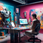 A futuristic artist's studio where a human artist and a sleek, advanced A.I. robot collaborate on a vibrant, dynamic painting. The studio is filled with high-tech gadgets and traditional art supplies.