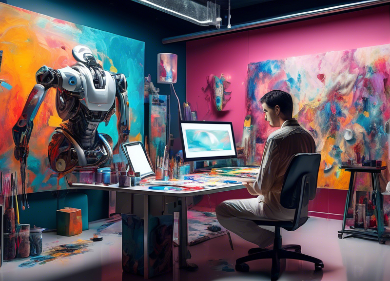 A futuristic artist's studio where a human artist and a sleek, advanced A.I. robot collaborate on a vibrant, dynamic painting. The studio is filled with high-tech gadgets and traditional art supplies.