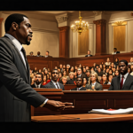 Create a detailed, realistic courtroom scene featuring a prominent defense attorney animatedly defending a client who resembles Diddy. The attorney is standing firmly, presenting his case with convict