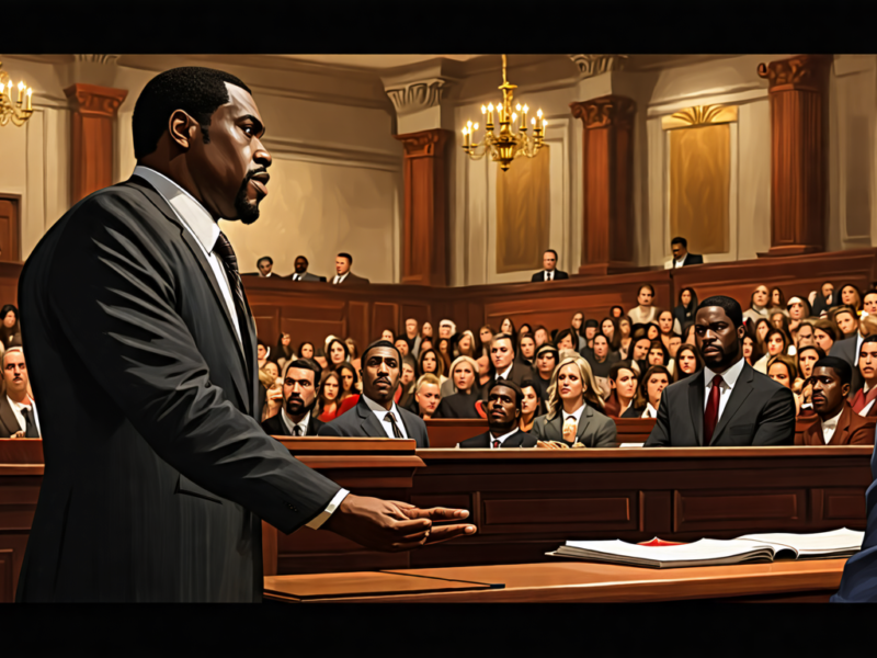 Create a detailed, realistic courtroom scene featuring a prominent defense attorney animatedly defending a client who resembles Diddy. The attorney is standing firmly, presenting his case with convict